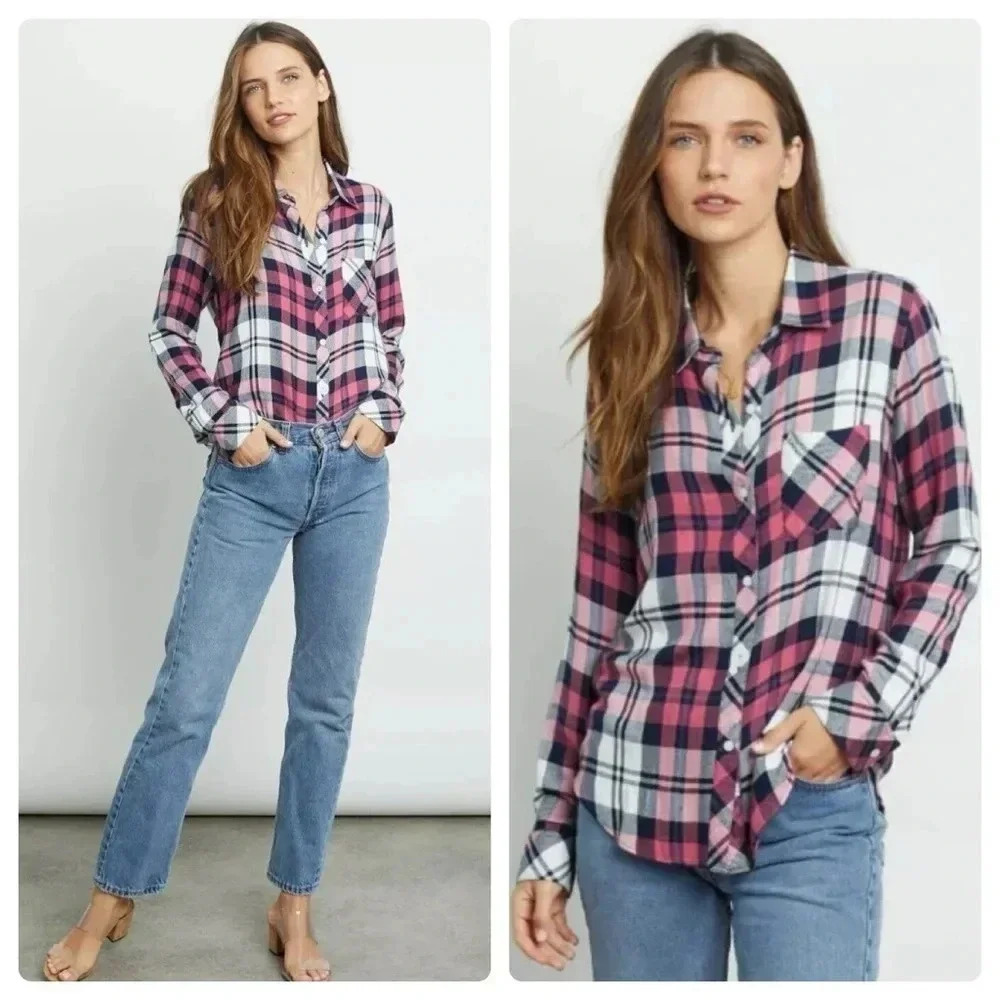 RAILS Hunter Plaid Button Front Flannel Shirt Mulberry Pink White Indigo Size L